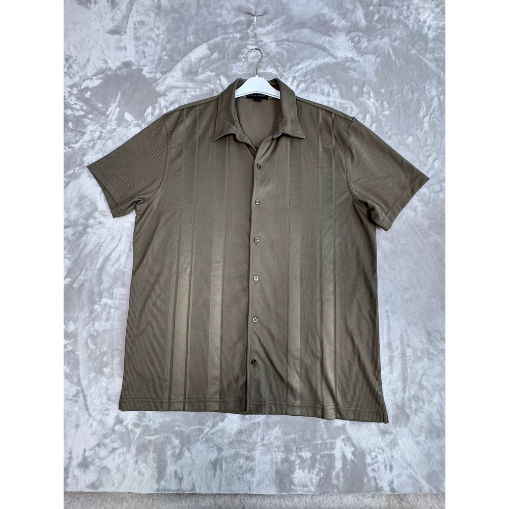 VIA EUROPA Mens Olive Green Striped‎ Short Sleeve Button Down Shirt XL Polyester